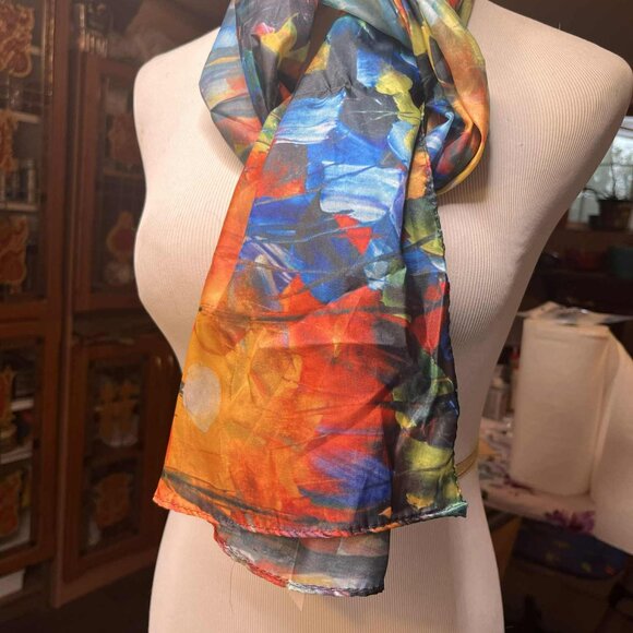Abstract Art Scarf by Cleo – 2010s – Multicolor Silk Feel – Painterly Pattern - Picture 15 of 16